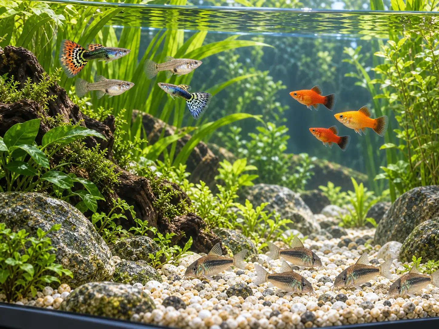A guppy group sharing a mineral-rich planted aquarium with platies in open midwater and corydoras on pale gravel below