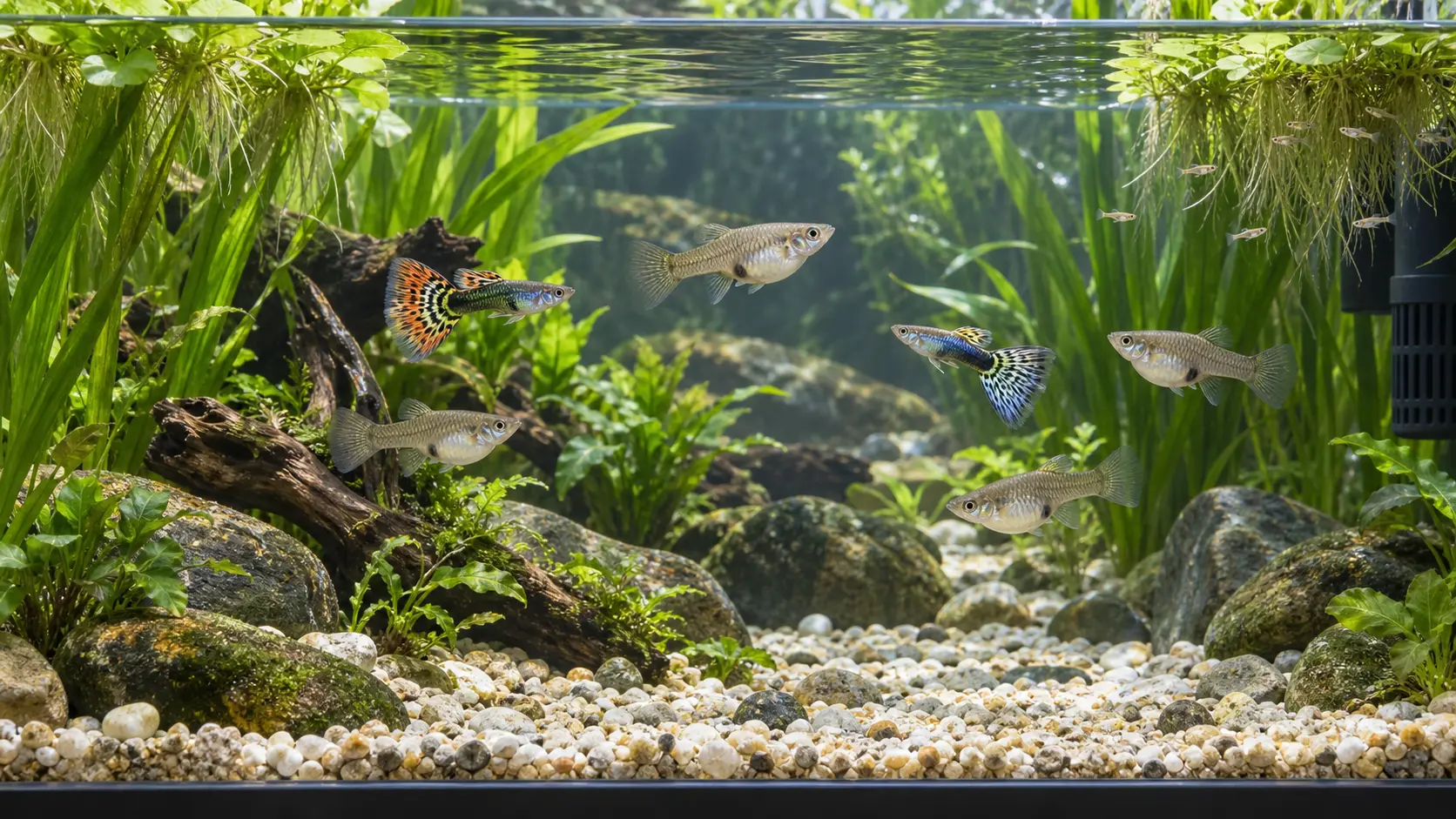 Male and female guppies at realistic adult scale in a planted mineral-rich community aquarium