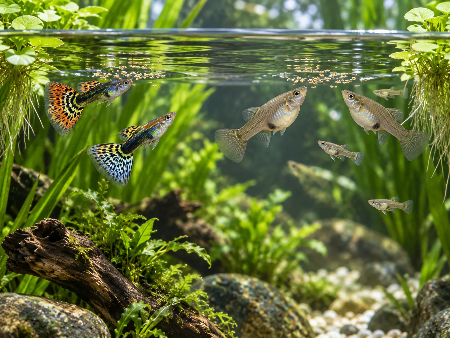 Female and male guppies taking small food particles near an open surface while bottom-dwelling fish receive a separate ration below