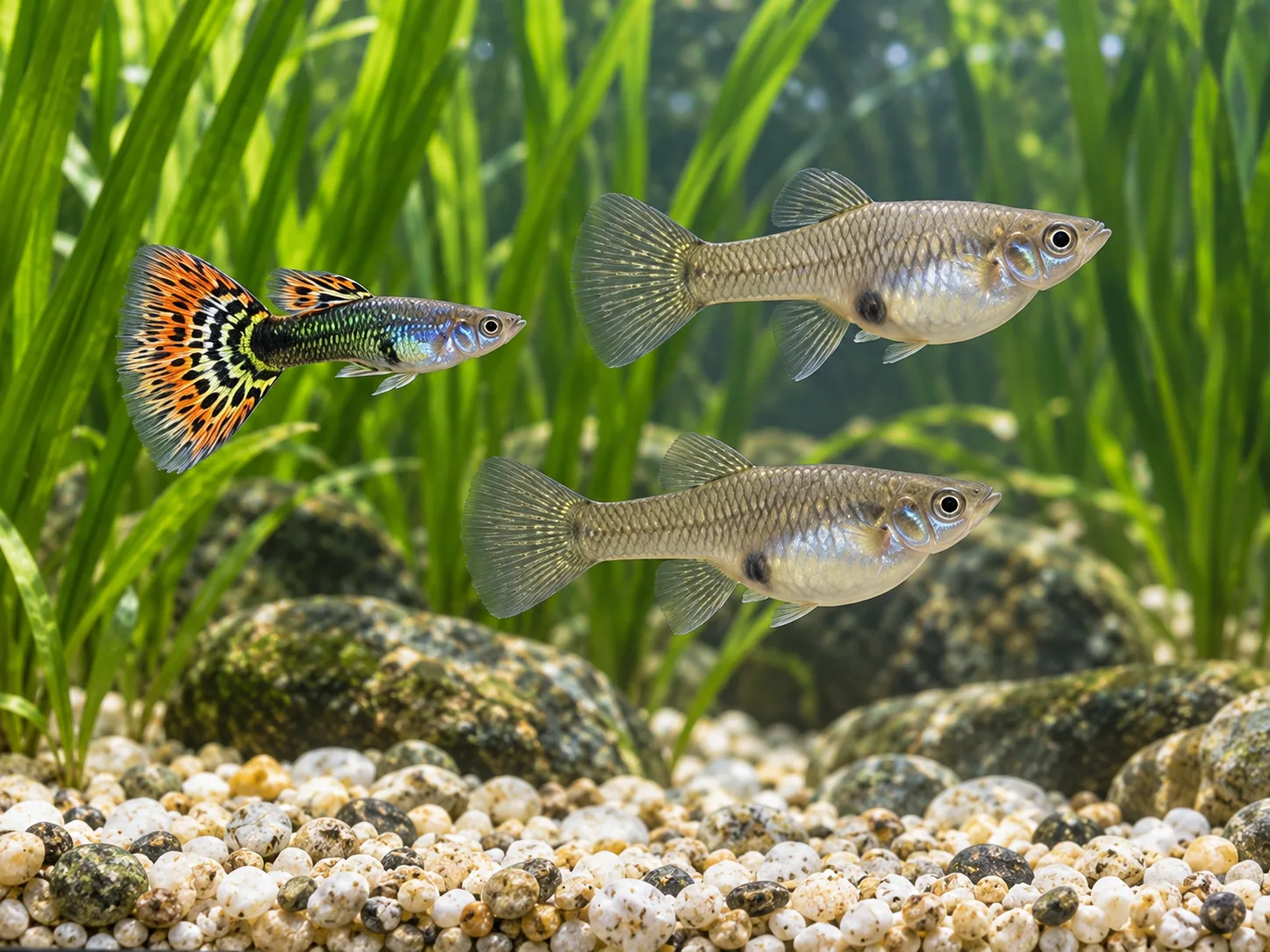 An adult female guppy and smaller colourful male guppy swimming beside ribbon plants and pale mineral stones