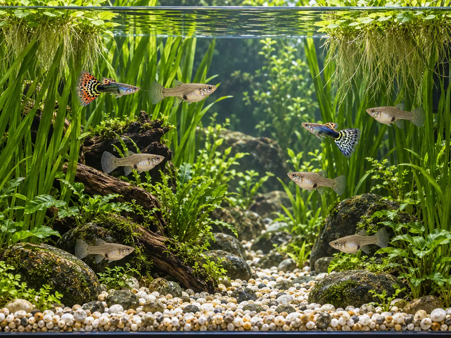 Several female guppies using separate planted retreat routes while two smaller male guppies remain in open water