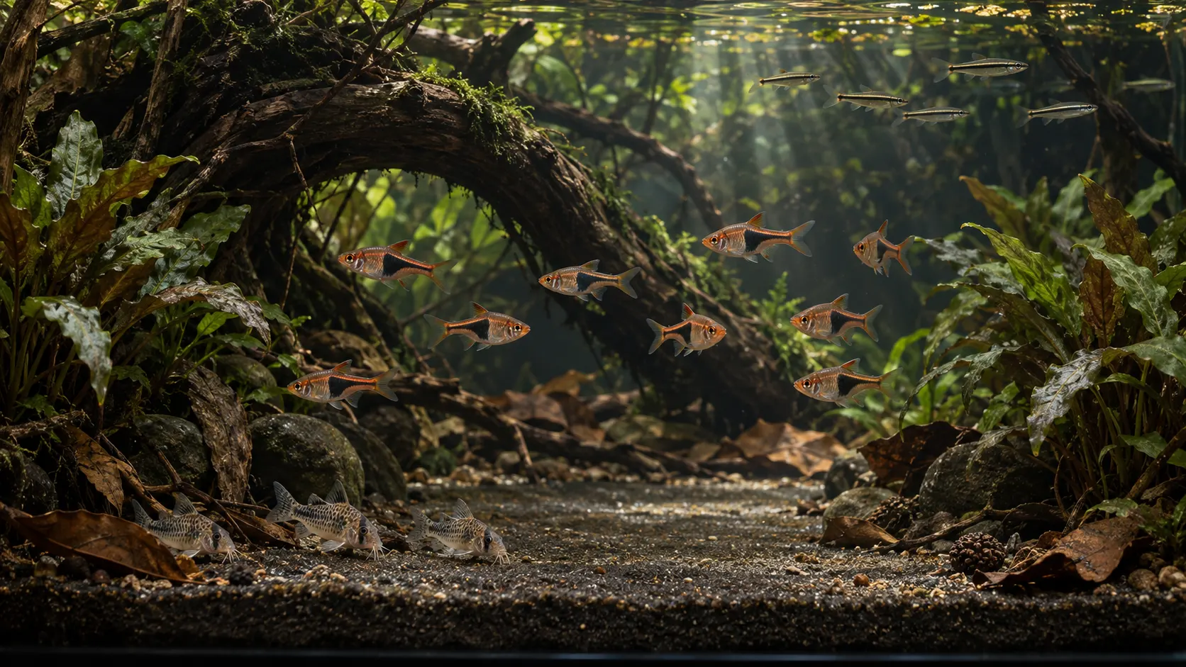 A school of adult harlequin rasboras crossing a broad open lane between root arches and planted margins