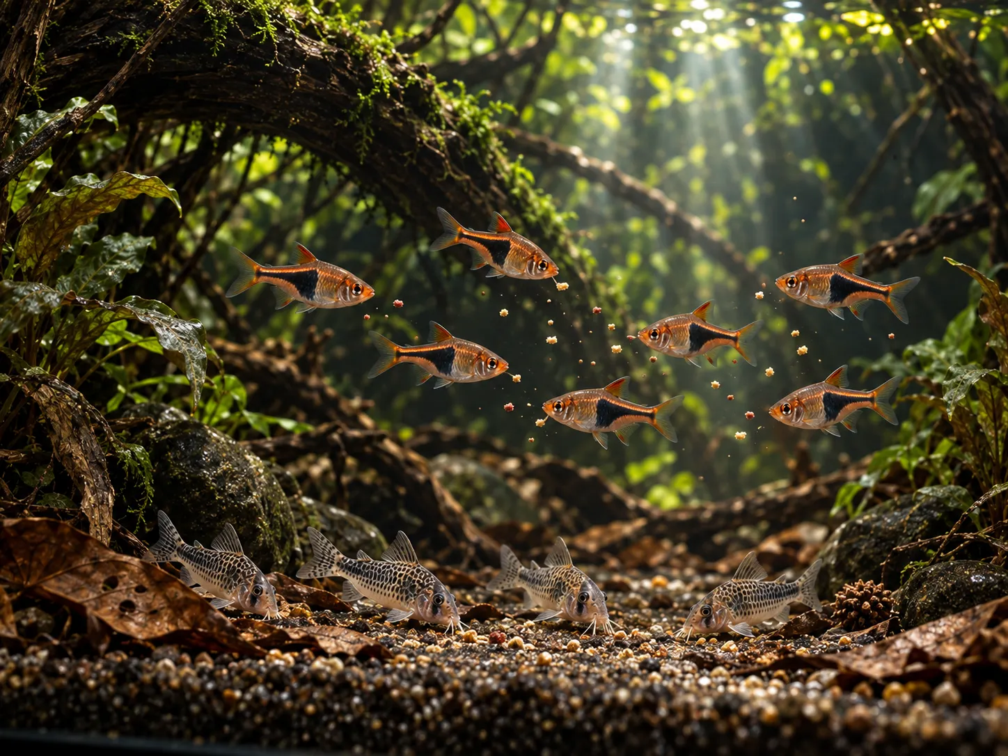 Harlequin rasboras taking small food particles beneath a canopy gap while a bottom group receives a separate ration near leaf litter