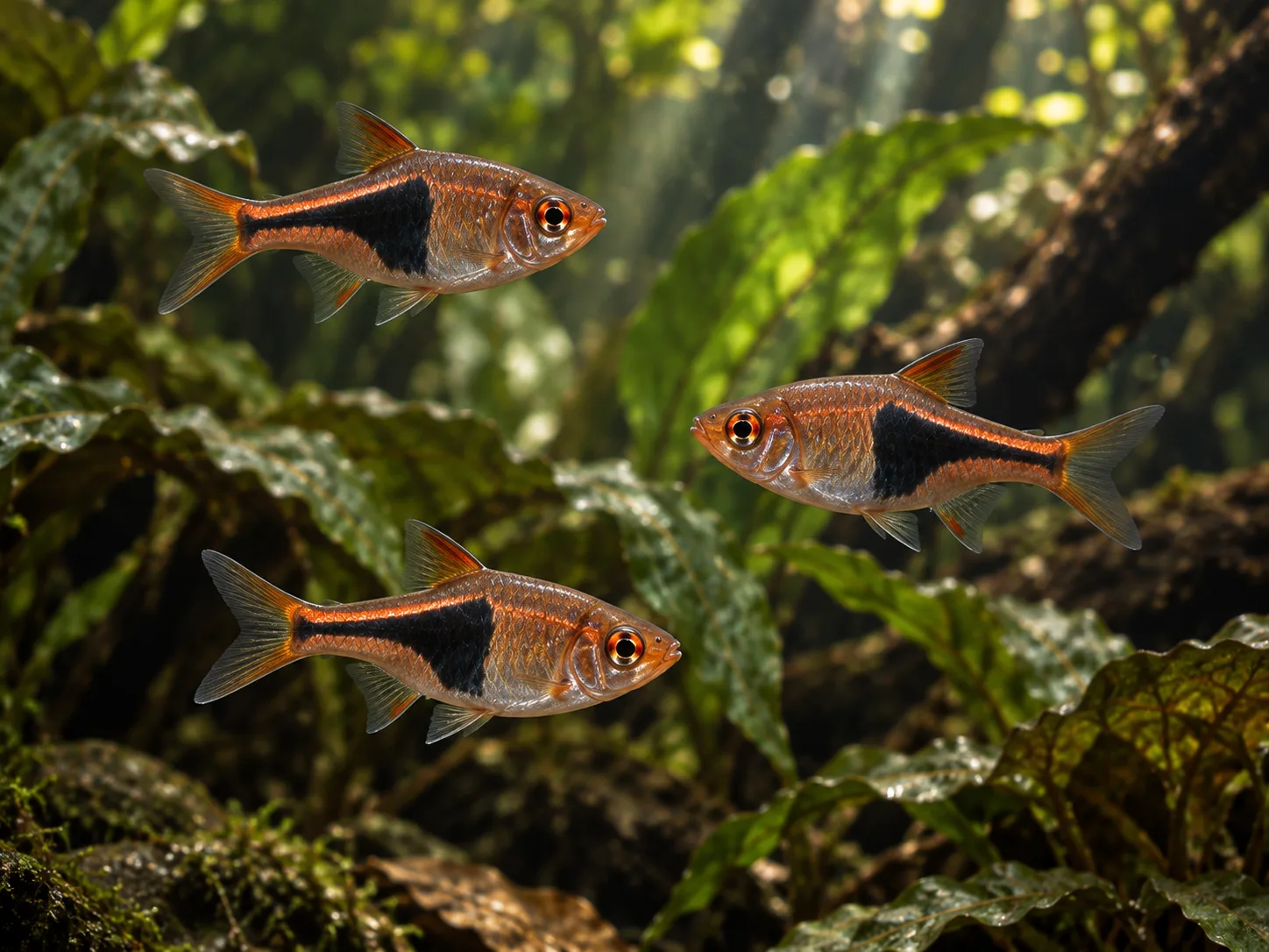 A deep-bodied harlequin rasbora in side view beside broad green leaves, showing a large black wedge reaching the tail base
