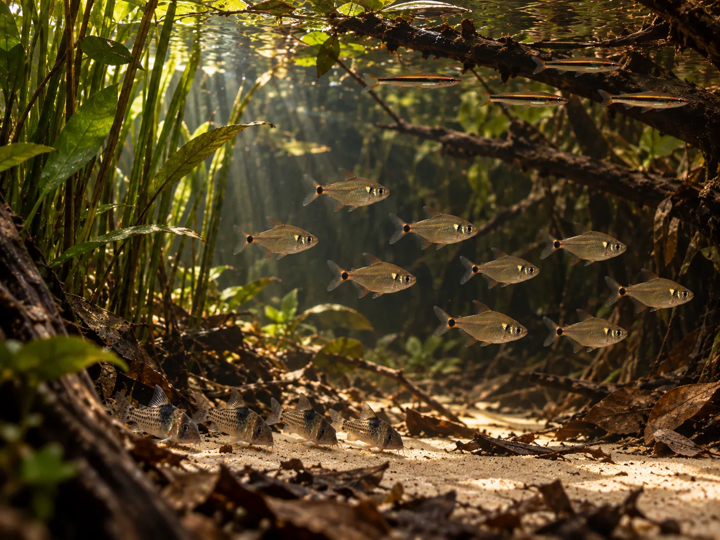Head and tail light tetras in open midwater above a group of small corydoras on pale sand, with pencilfish near shaded surface branches