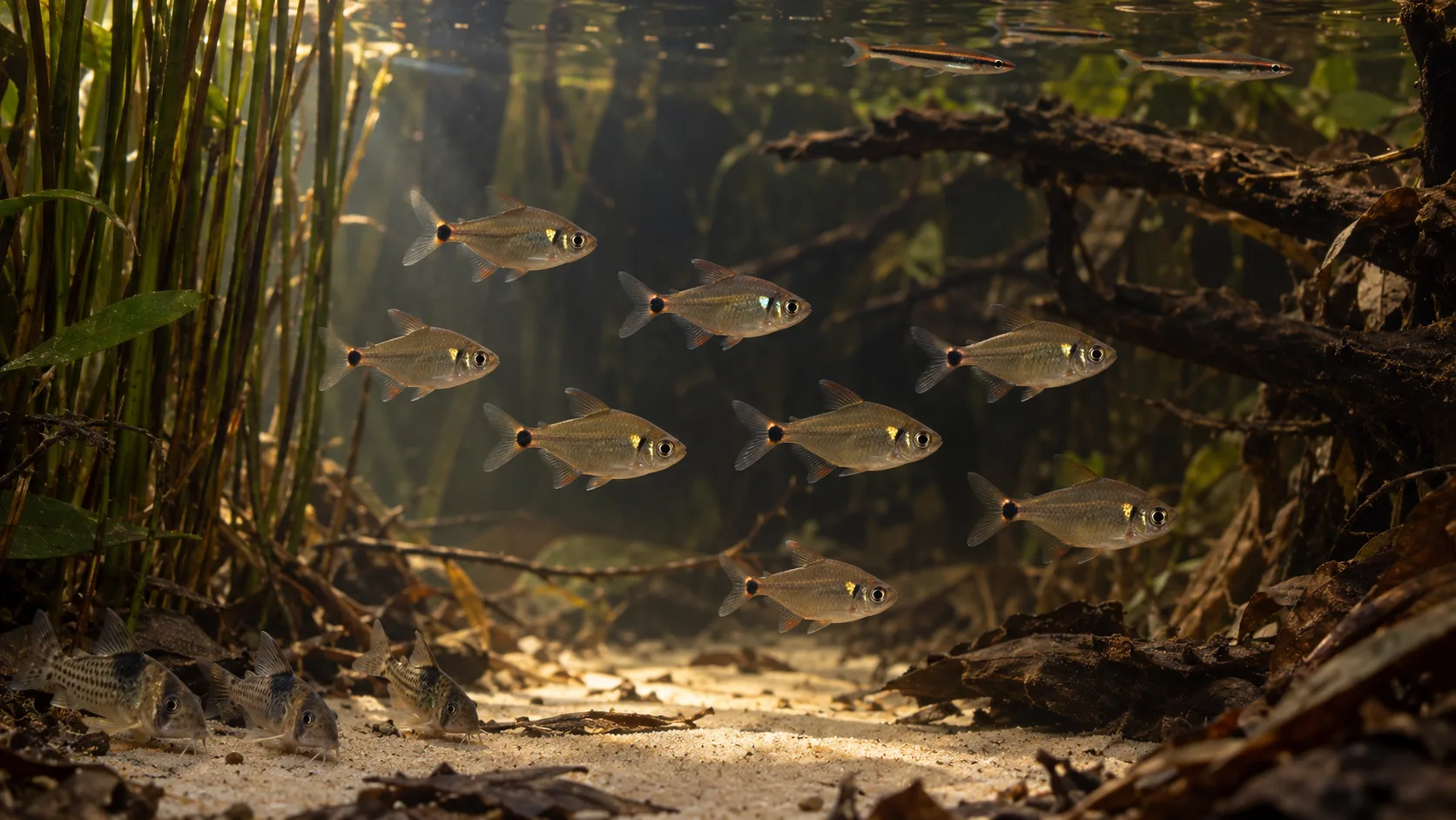 A school of head and tail light tetras showing reflective shoulder and tail spots in a shaded riverbank aquarium