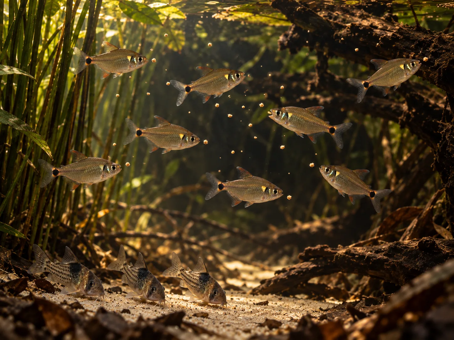 Head and tail light tetras taking small food particles in two midwater feeding areas beneath slender branches