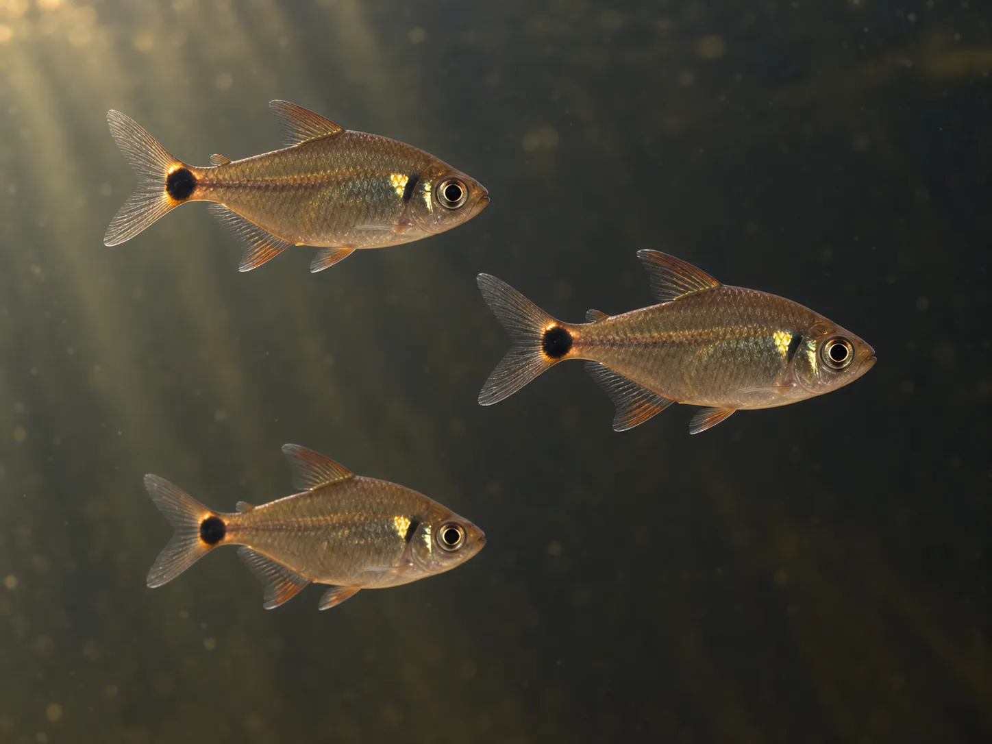 A silver head and tail light tetra in side view above pale sand, showing a reflective shoulder spot and a bright tail-base spot edged with dark pigment