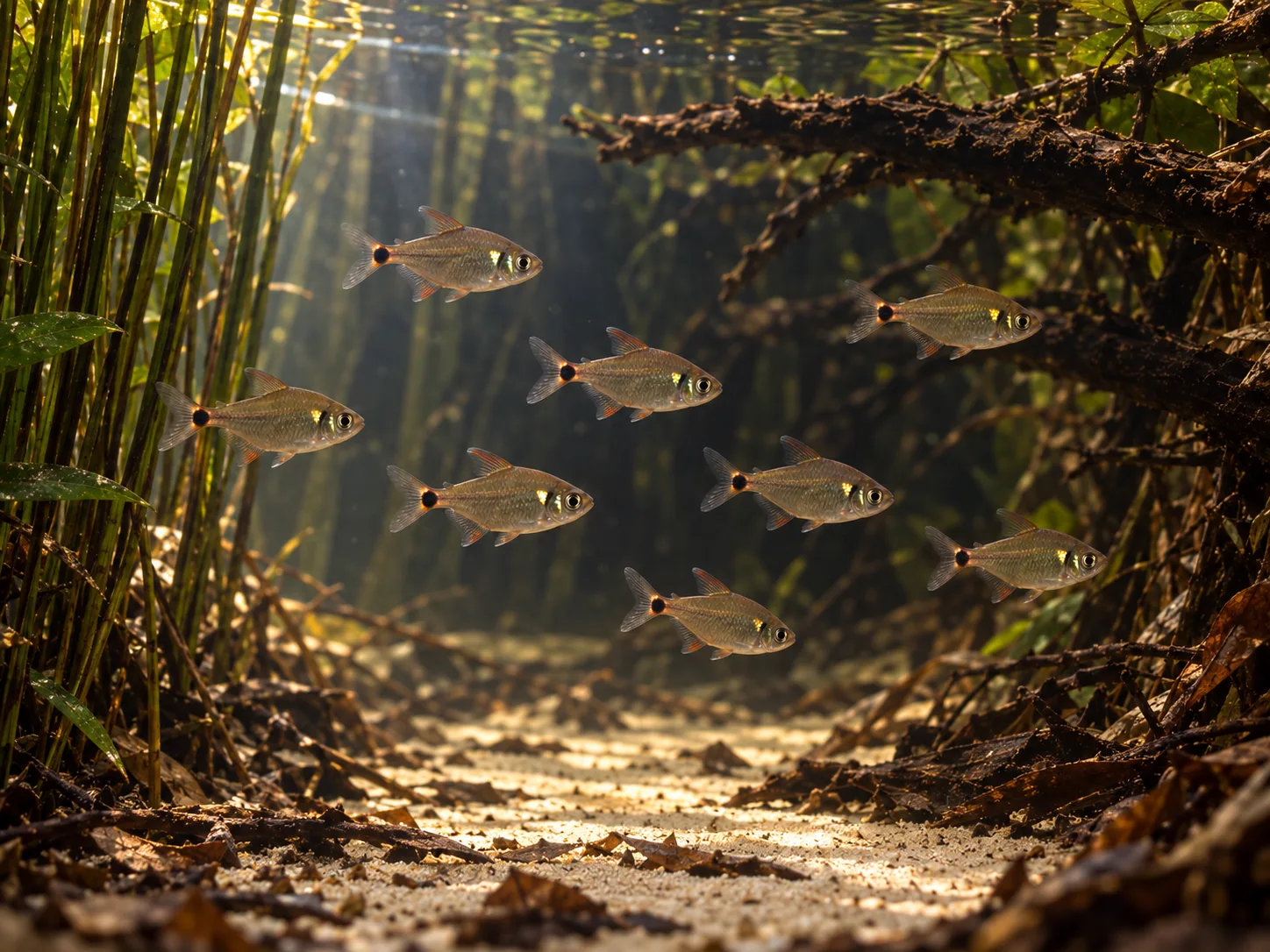 Eight adult head and tail light tetras turning through a broad open swimming lane above pale sand and scattered leaves