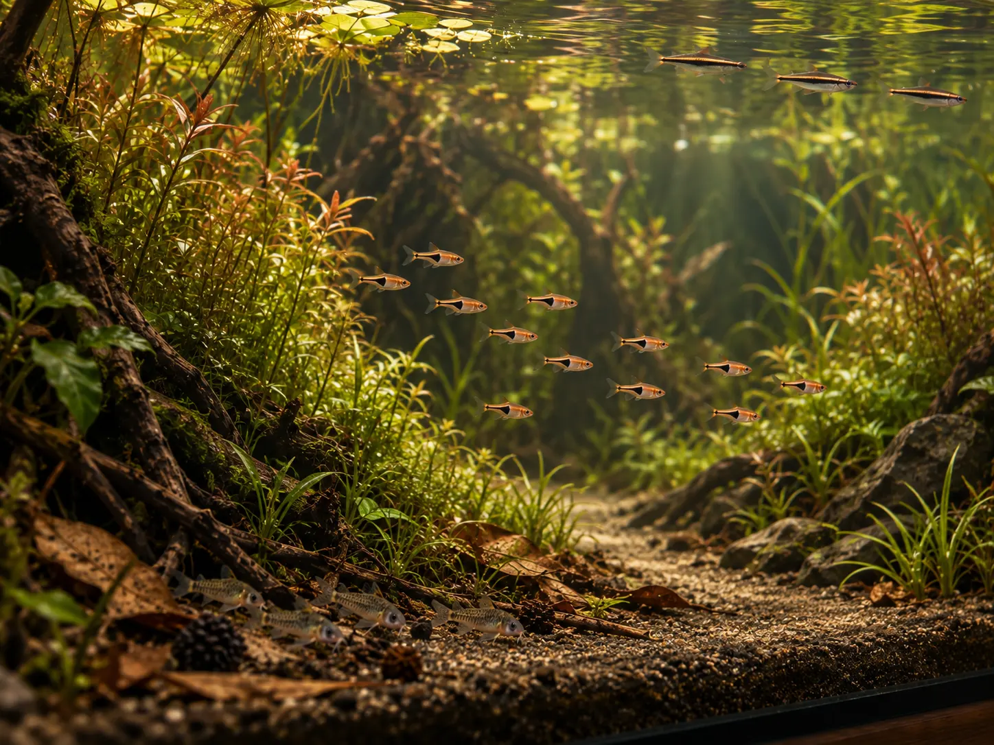 A lambchop rasbora school sharing a planted stream aquarium with pygmy corydoras below and a small group of pencilfish near the surface