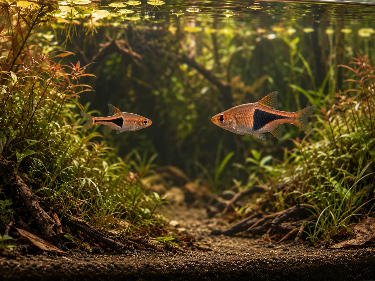 A lambchop rasbora and a harlequin rasbora in separate side-view windows, showing the slimmer lambchop body and narrower hooked black mark