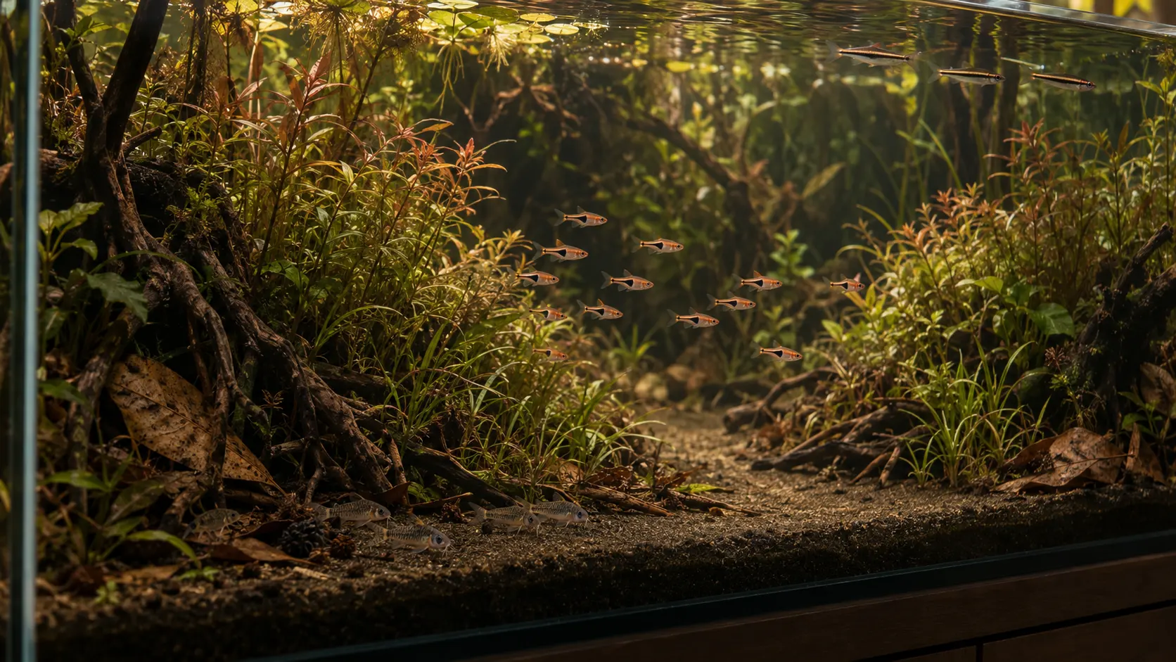 A school of tiny lambchop rasboras moving through an S-shaped lane between fine stem plants