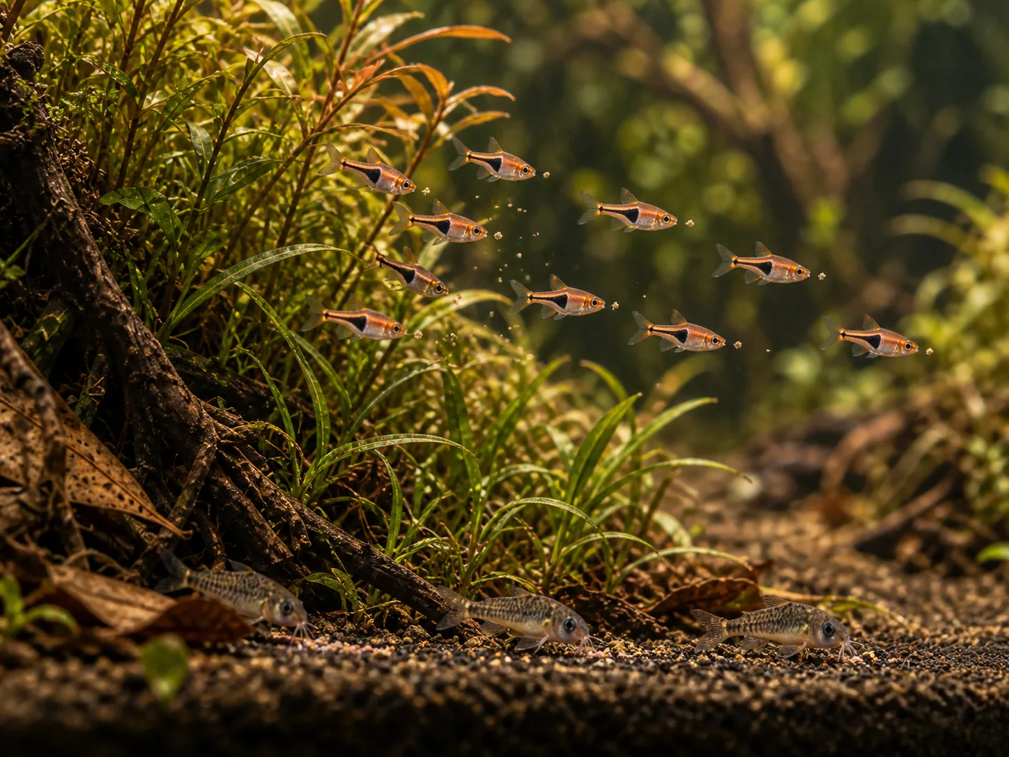 Lambchop rasboras taking fine food particles along a shallow stem-plant edge while a small bottom group receives food separately