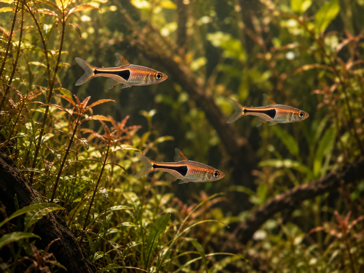 A slender copper-orange lambchop rasbora in side view among fine green stems, showing a narrow hook-shaped black mark near the tail