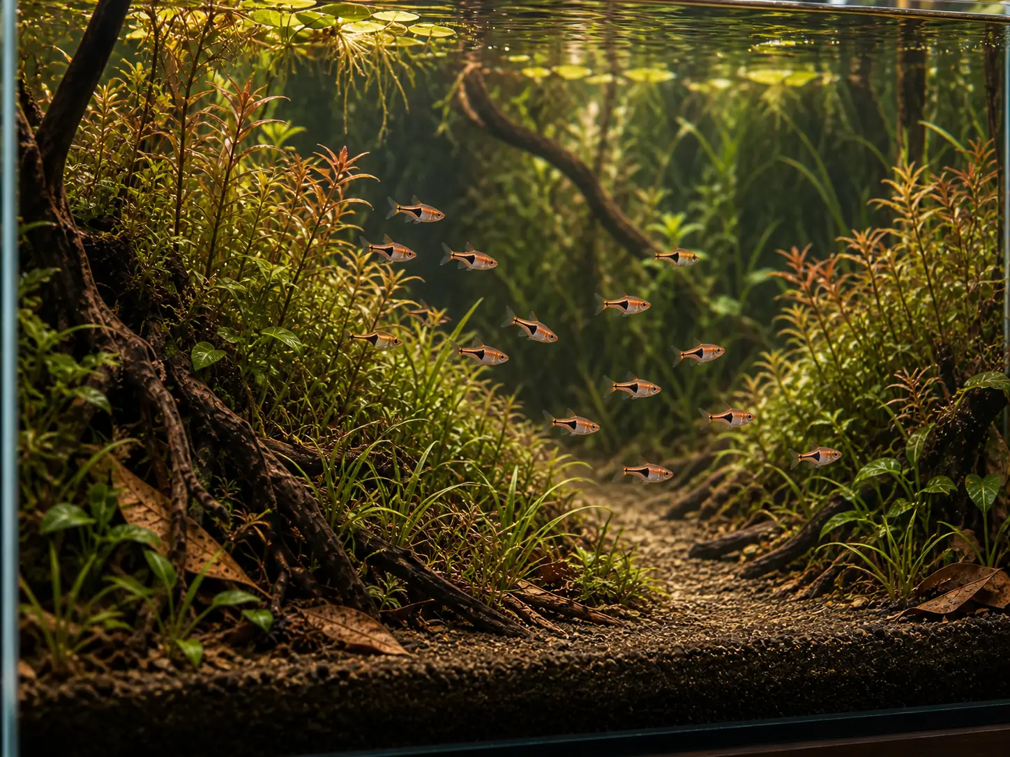 Twelve lambchop rasboras moving through a long open corridor between fine stem plants in a shallow planted aquarium