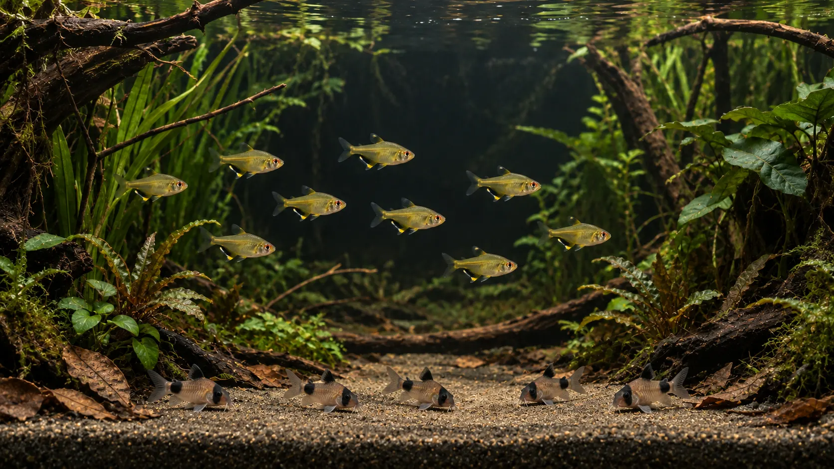 Lemon tetras in middle water with a small group of panda corydoras on open sand below in a planted community aquarium