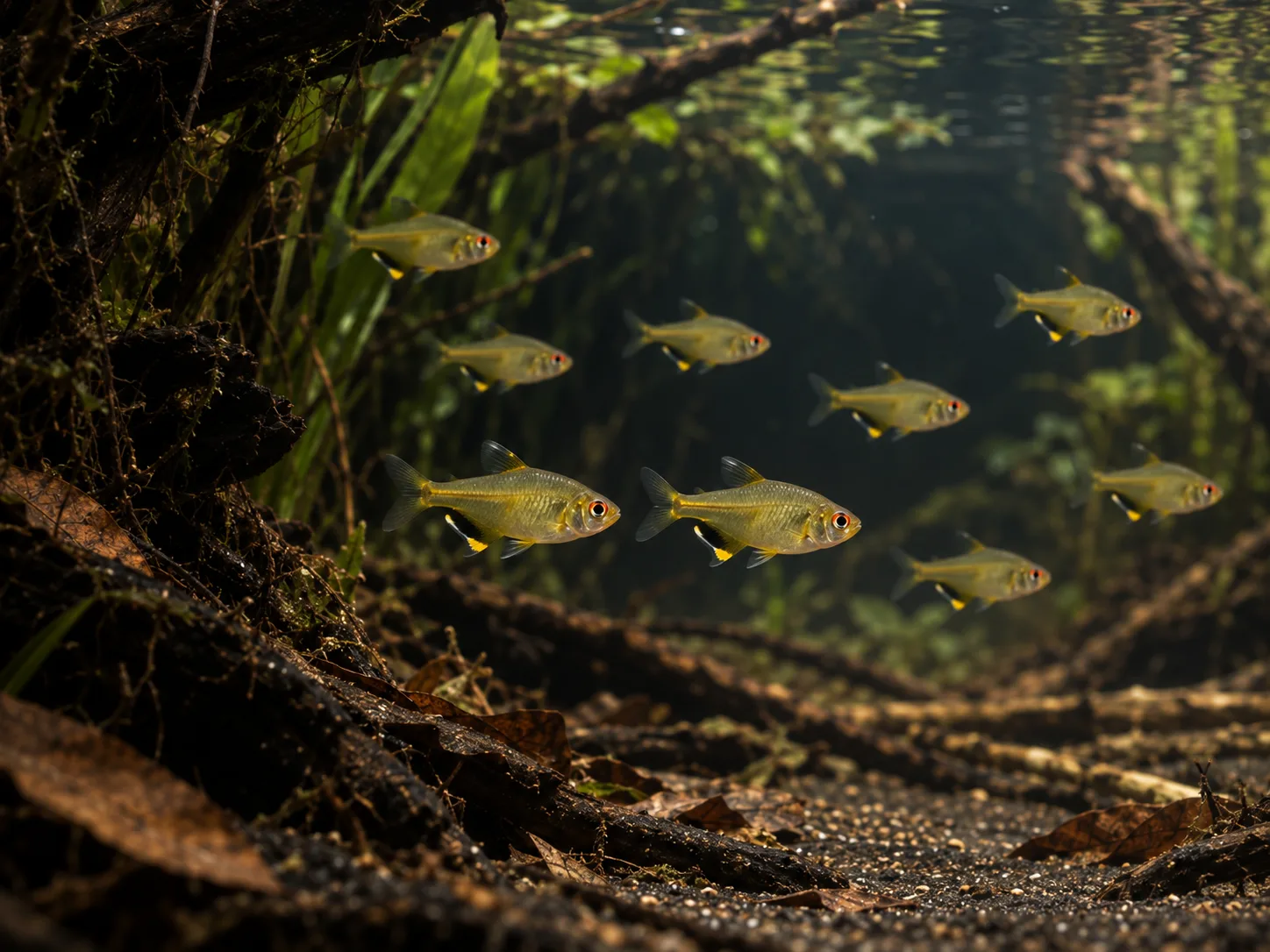 Two lemon tetras displaying in open water while the rest of the school has clear routes around plants and branches