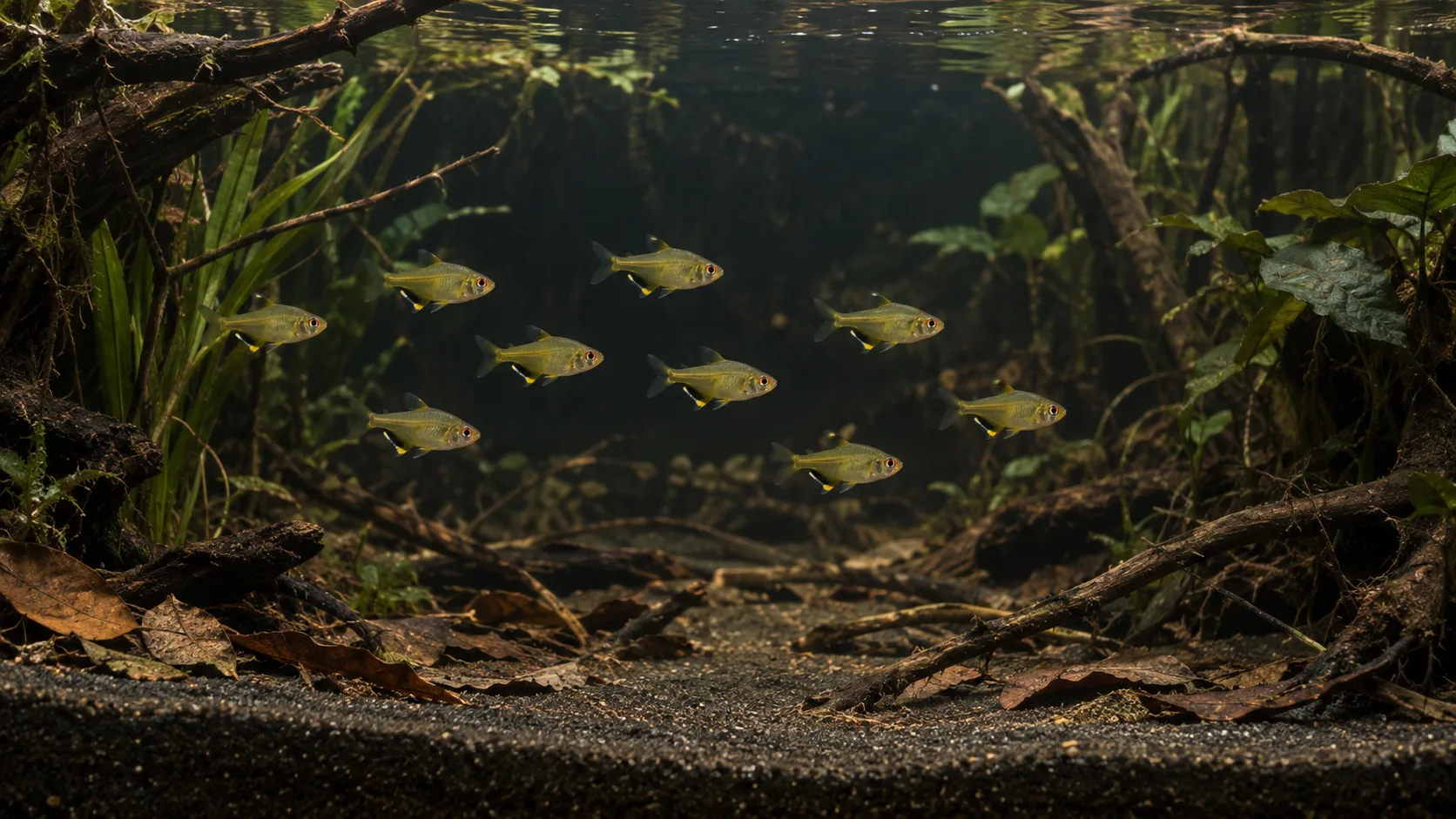 School of lemon tetras in a shaded riverbank-style planted aquarium