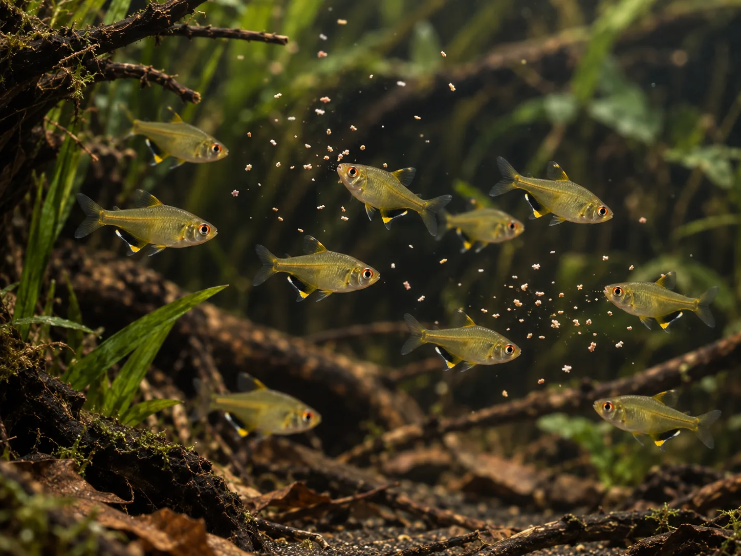 Lemon tetras taking small food particles from several separated points across planted midwater