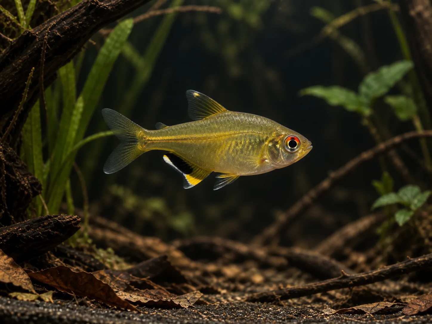 Adult lemon tetra in side view showing a translucent yellow body, red upper iris, and black and yellow markings on the anal fin