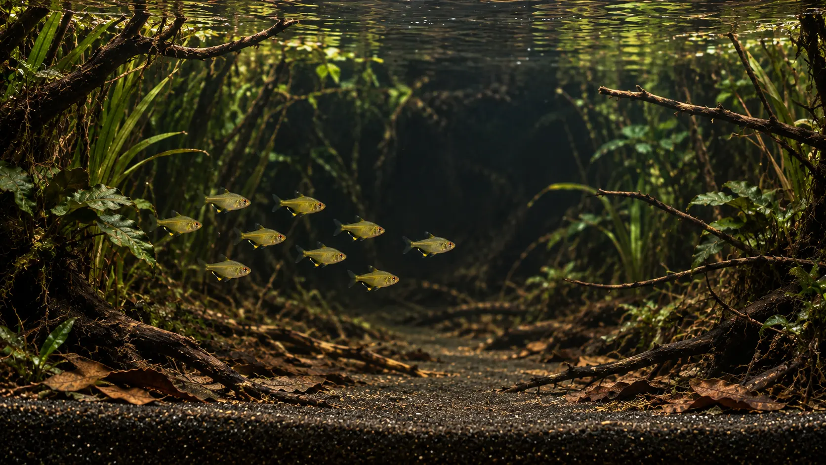 Long riverbank-inspired aquarium with fine branches, shaded plants at both ends, leaf litter, and a broad open lane for lemon tetras