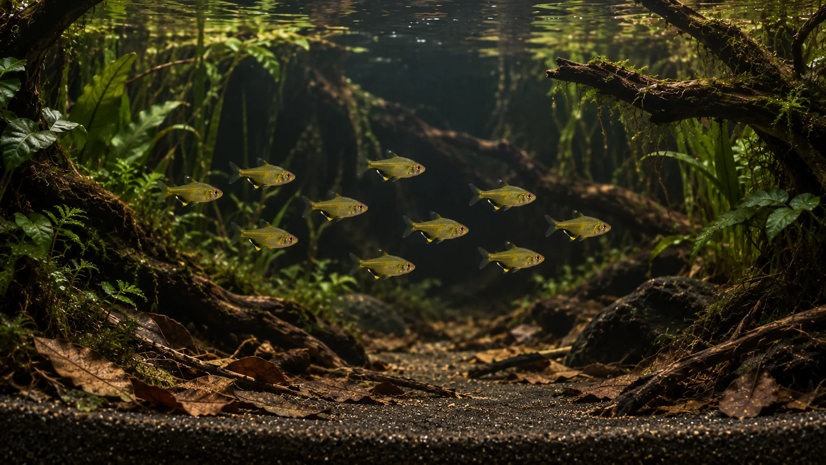 A school of ten lemon tetras spread through open middle water beside shaded plants and fine branches