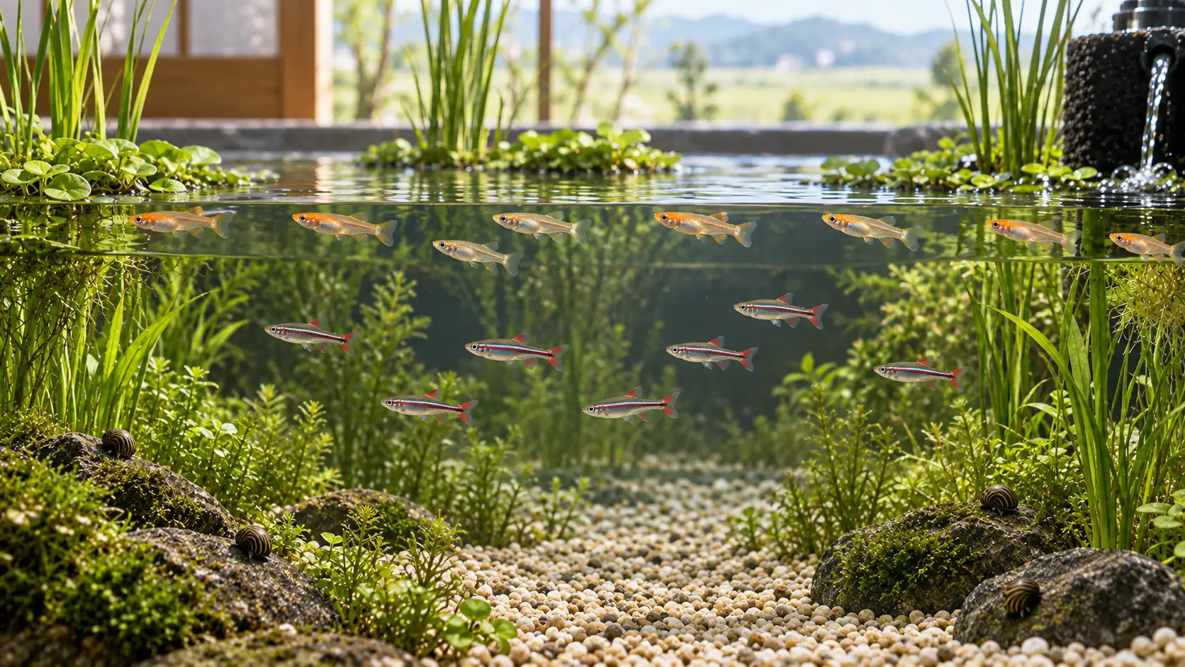 Medaka ricefish near the surface above white cloud mountain minnows in middle water and small snails on stones in a long planted aquarium