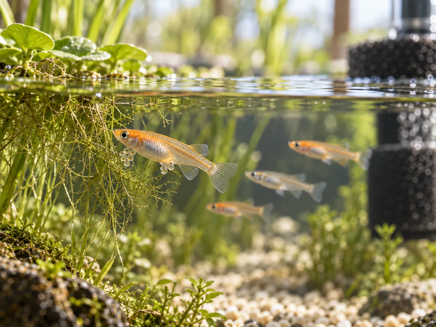Medaka eggs attached to fine spawning material beside a separate shallow fry-rearing container