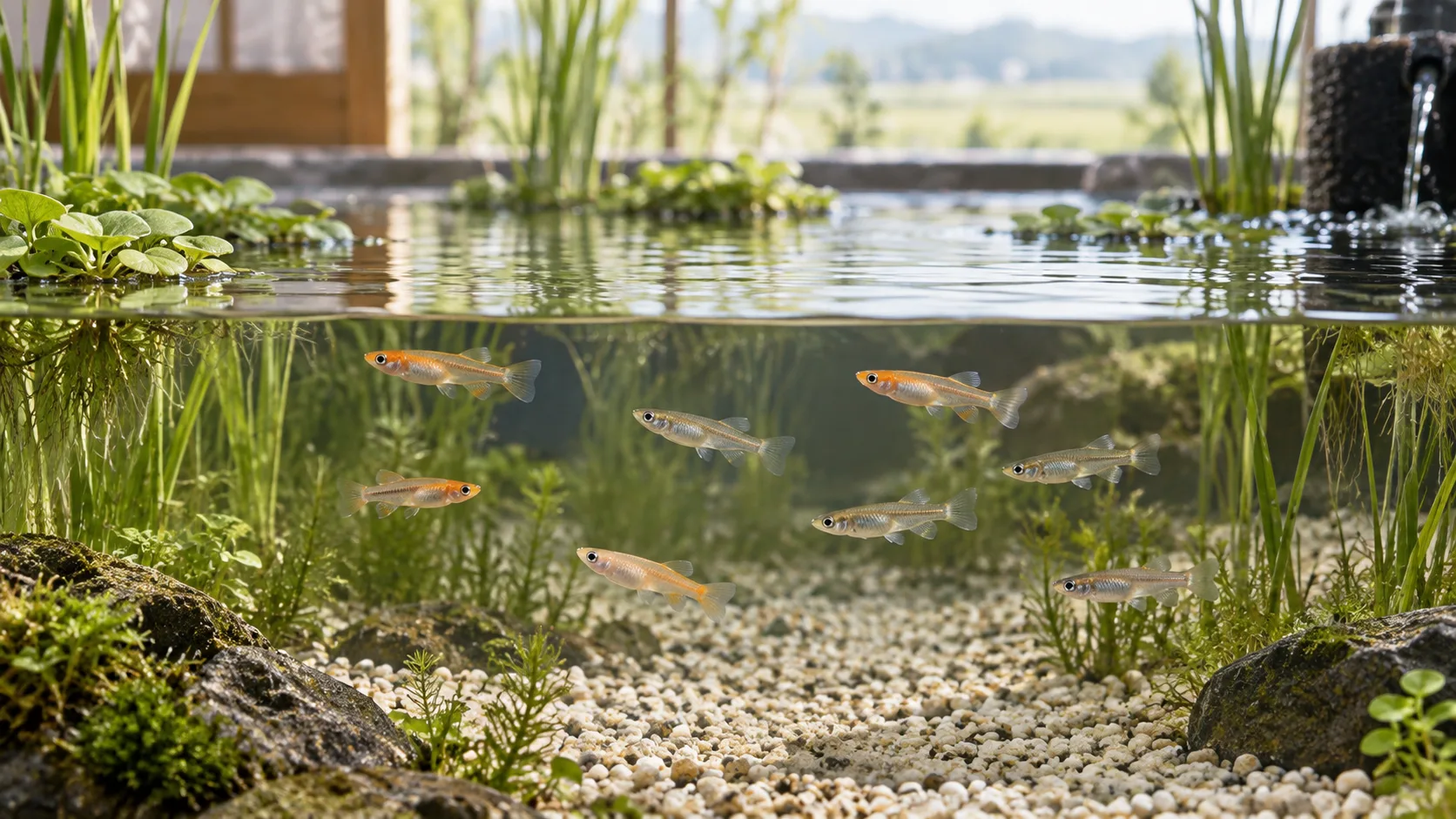 Medaka ricefish near floating plants in a broad shallow aquarium