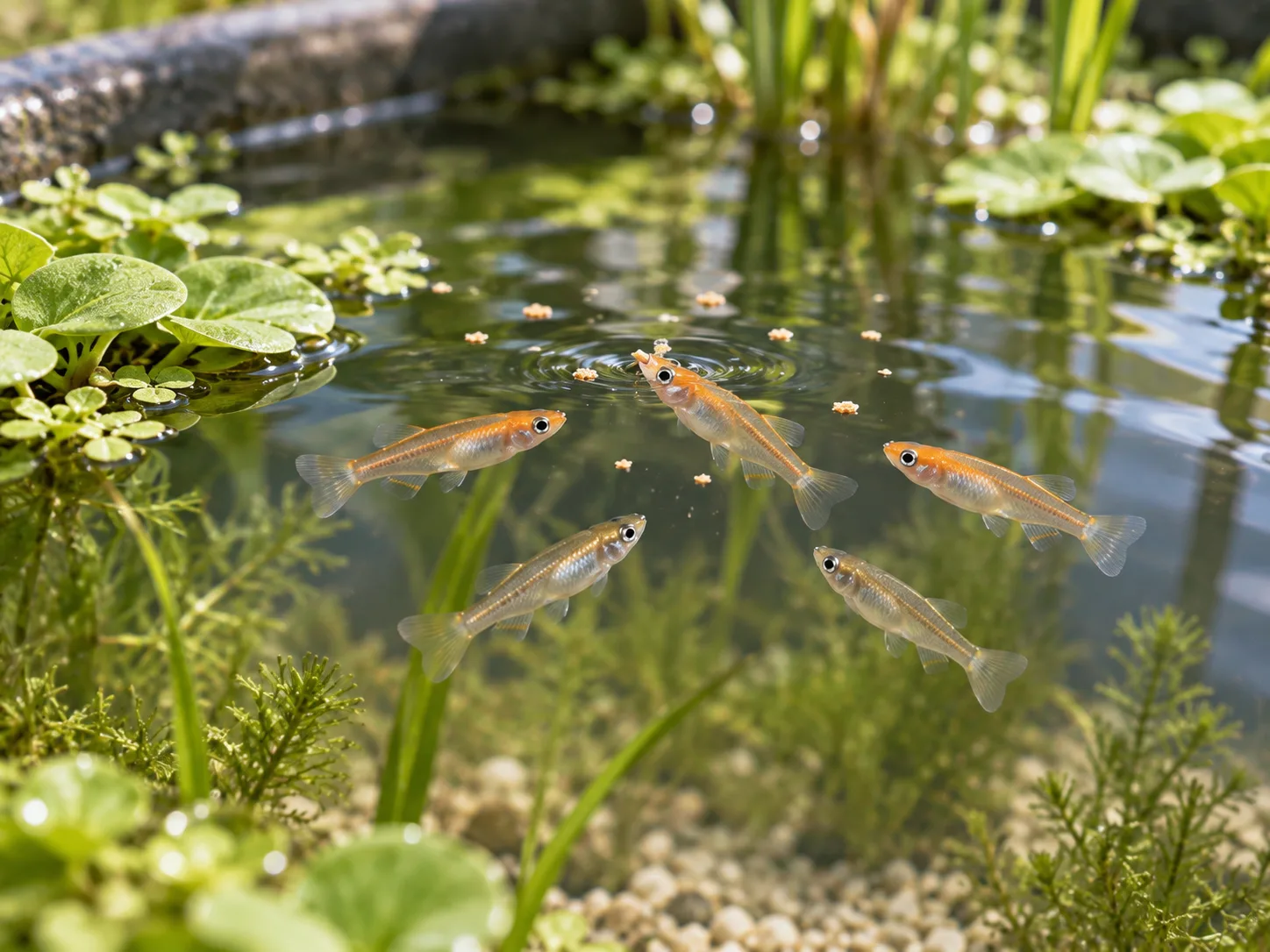 Medaka ricefish taking tiny prepared food particles from the open water surface among floating plants