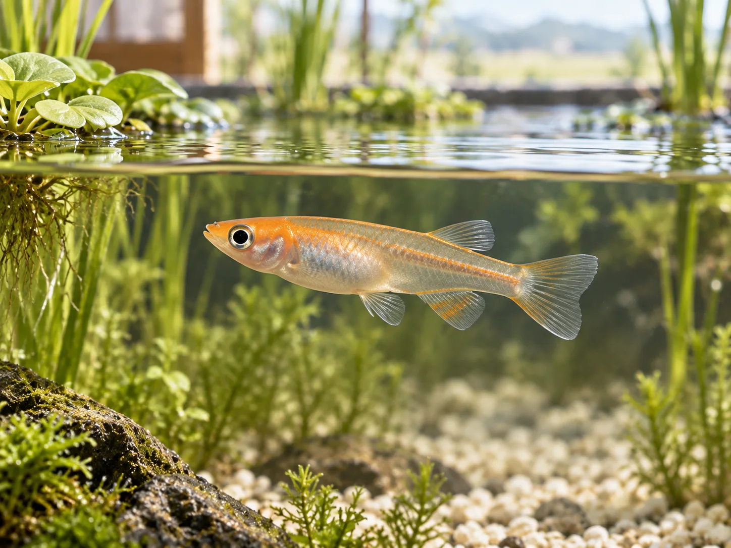 Medaka ricefish in side view near the surface showing an elongated body, upturned mouth, and fins positioned toward the tail