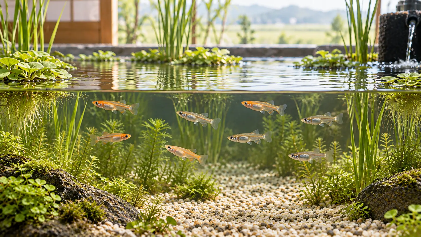 Wide shallow medaka aquarium with floating plant islands, emergent stems, open surface lanes, and a gentle sponge filter