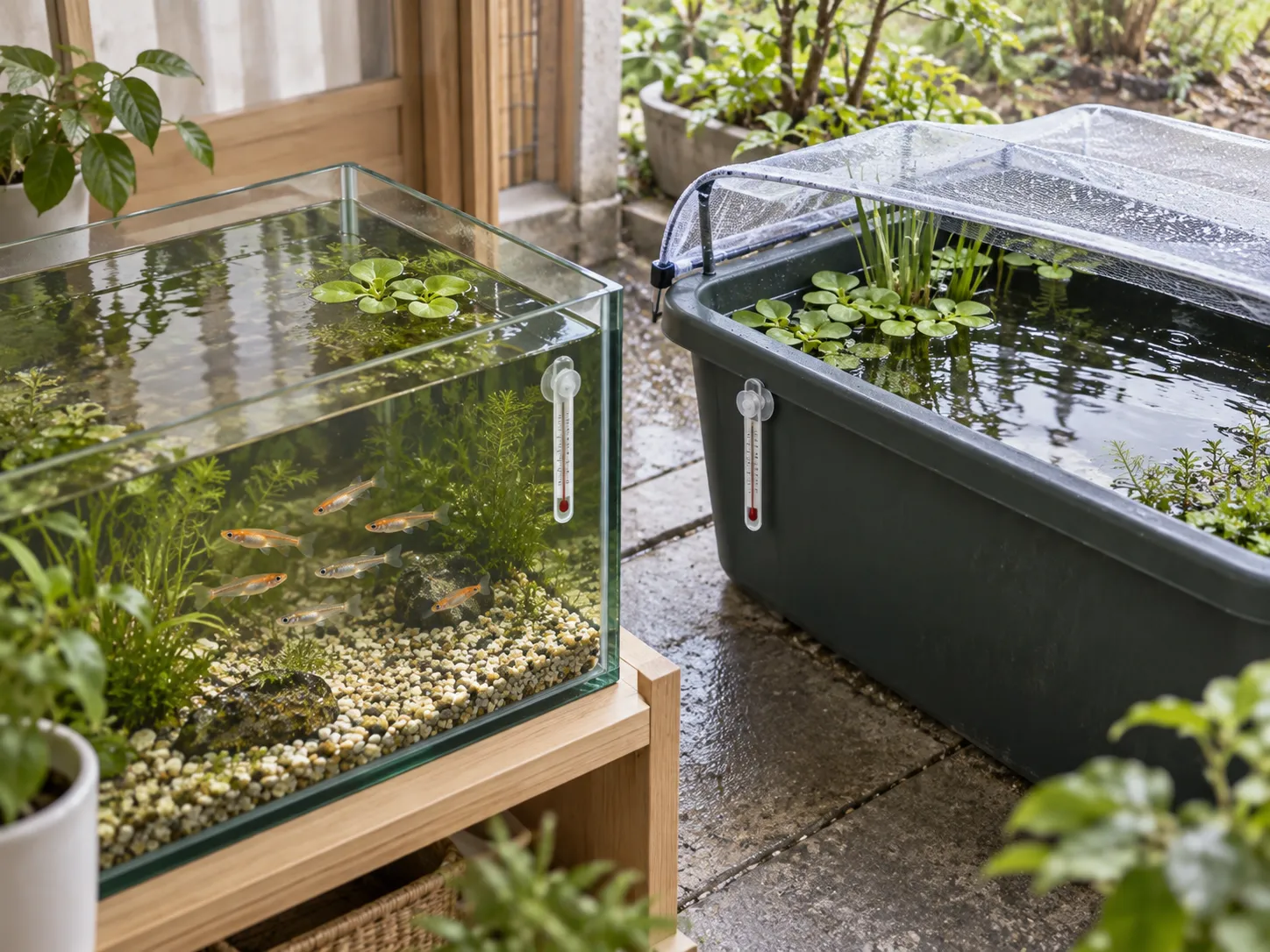 Indoor medaka aquarium and shaded outdoor container prepared side by side with thermometers before a seasonal transfer
