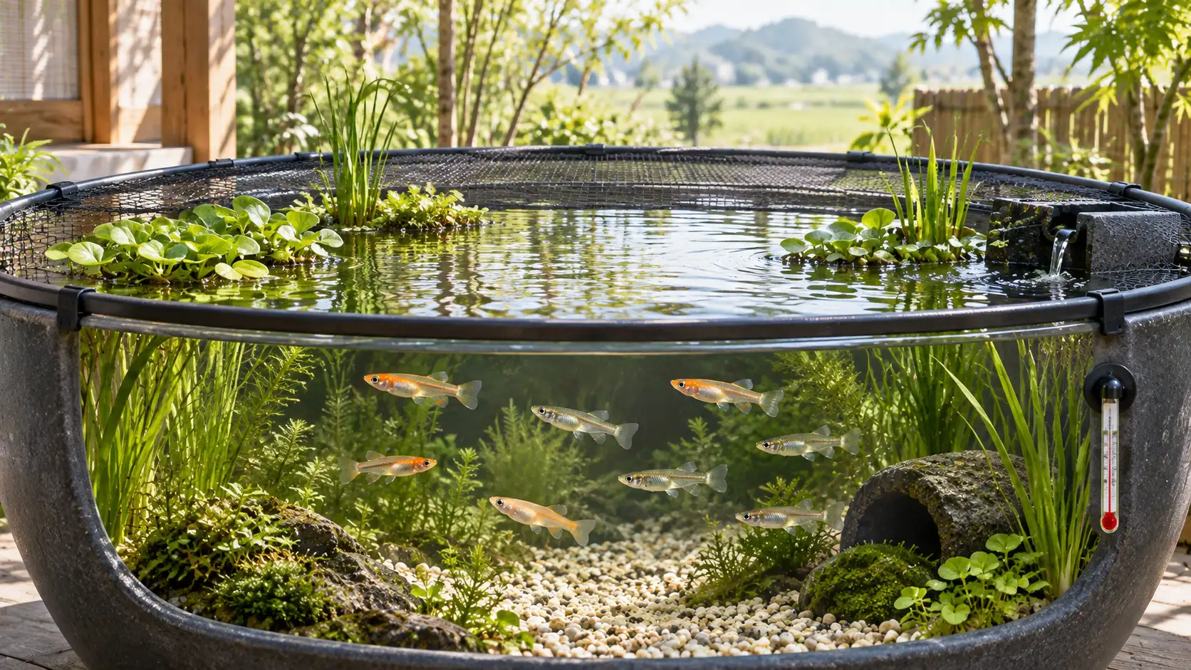 A covered outdoor medaka container with [floating plants](/aquarium-plants/), open surface water, shaded refuge, and a thermometer
