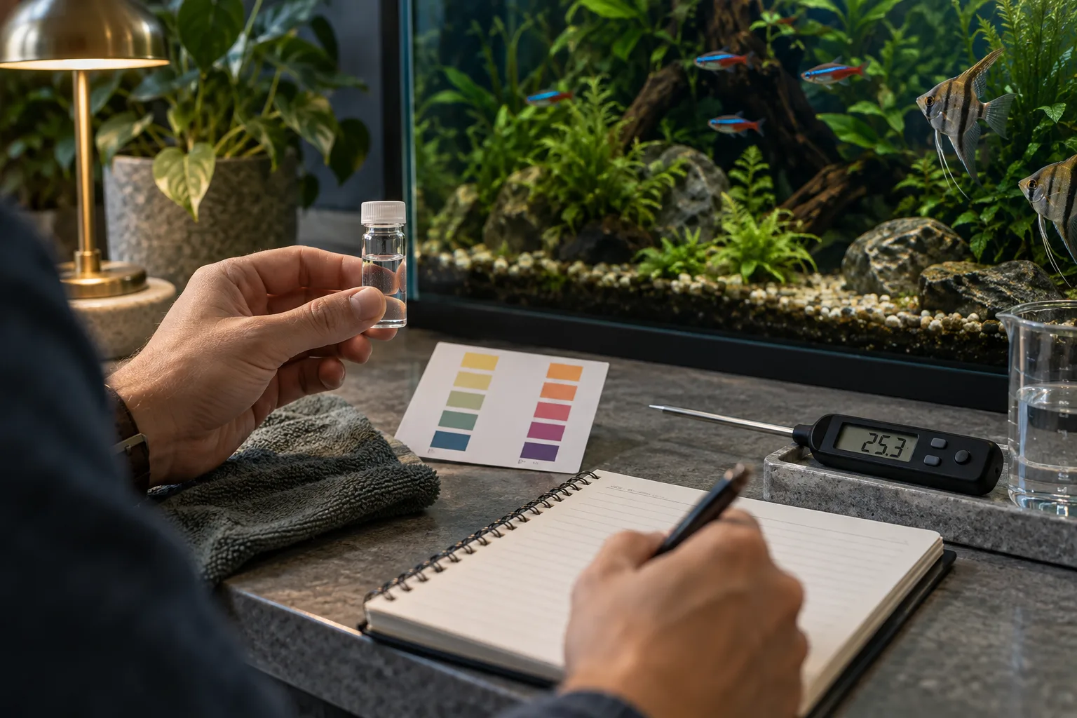 An aquarist comparing a liquid water test with a thermometer beside a planted aquarium