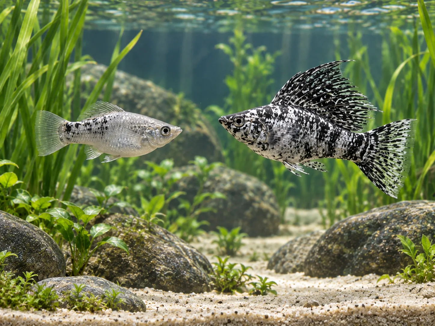 Several adult molly body forms shown at the same scale, including a long-bodied sailfin and a shorter deep-bodied domestic molly
