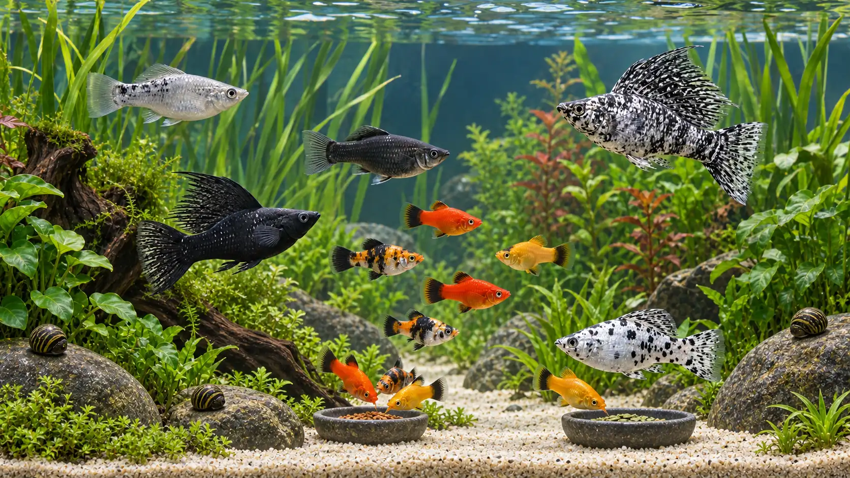 Mollies sharing a hard-water planted aquarium with platies and nerite snails, each group feeding in separate areas