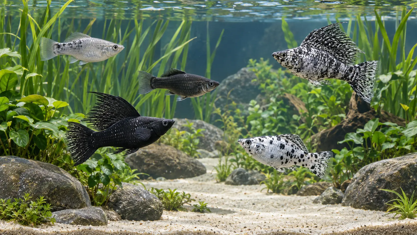 Mixed group of short-fin and sailfin mollies in a spacious hard-water planted aquarium