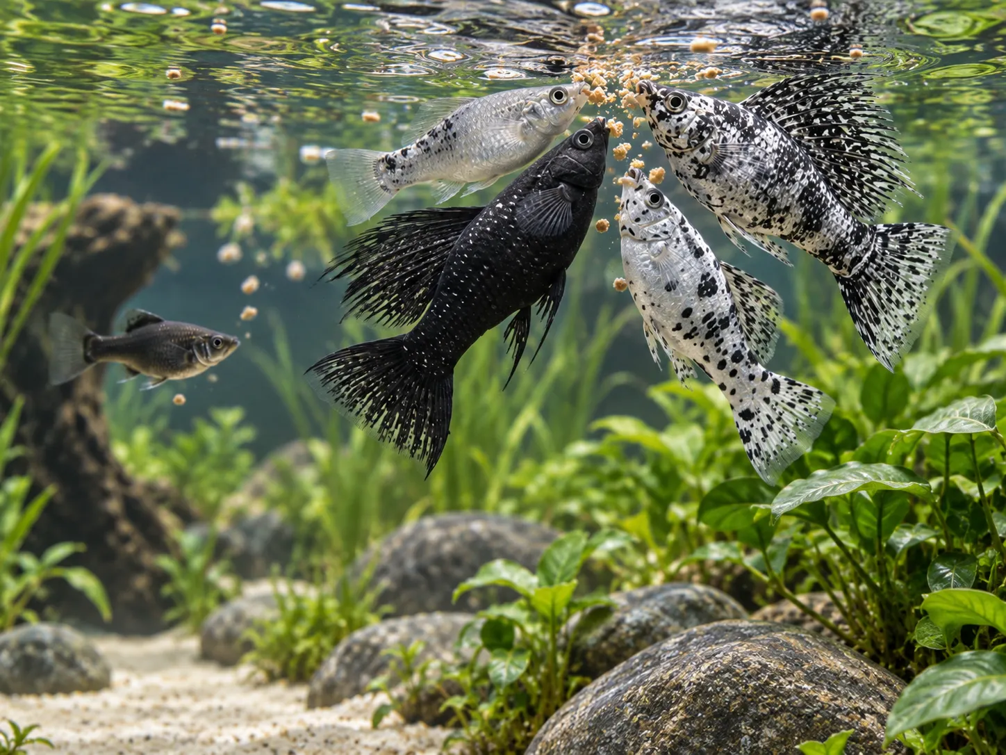 Mollies crowding one feeding area while a smaller slower community fish remains behind plants away from the food
