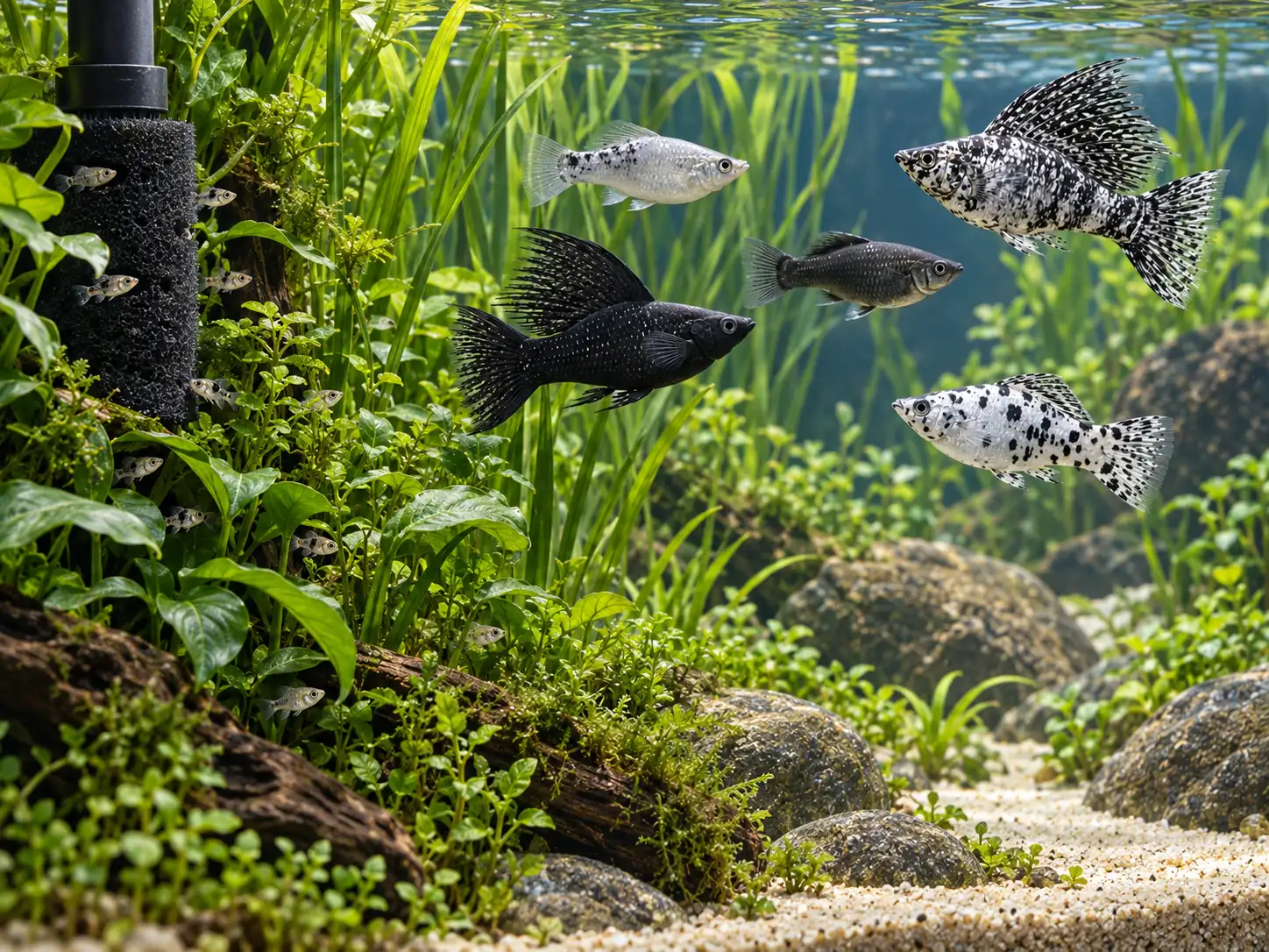 Small molly fry sheltering among fine plants beside open water used by several adult mollies