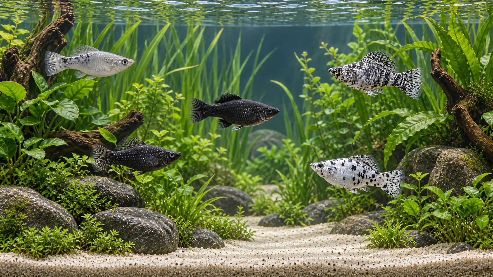 A mixed-sex group of five mollies using a long planted aquarium with open swimming space and separate plant retreats