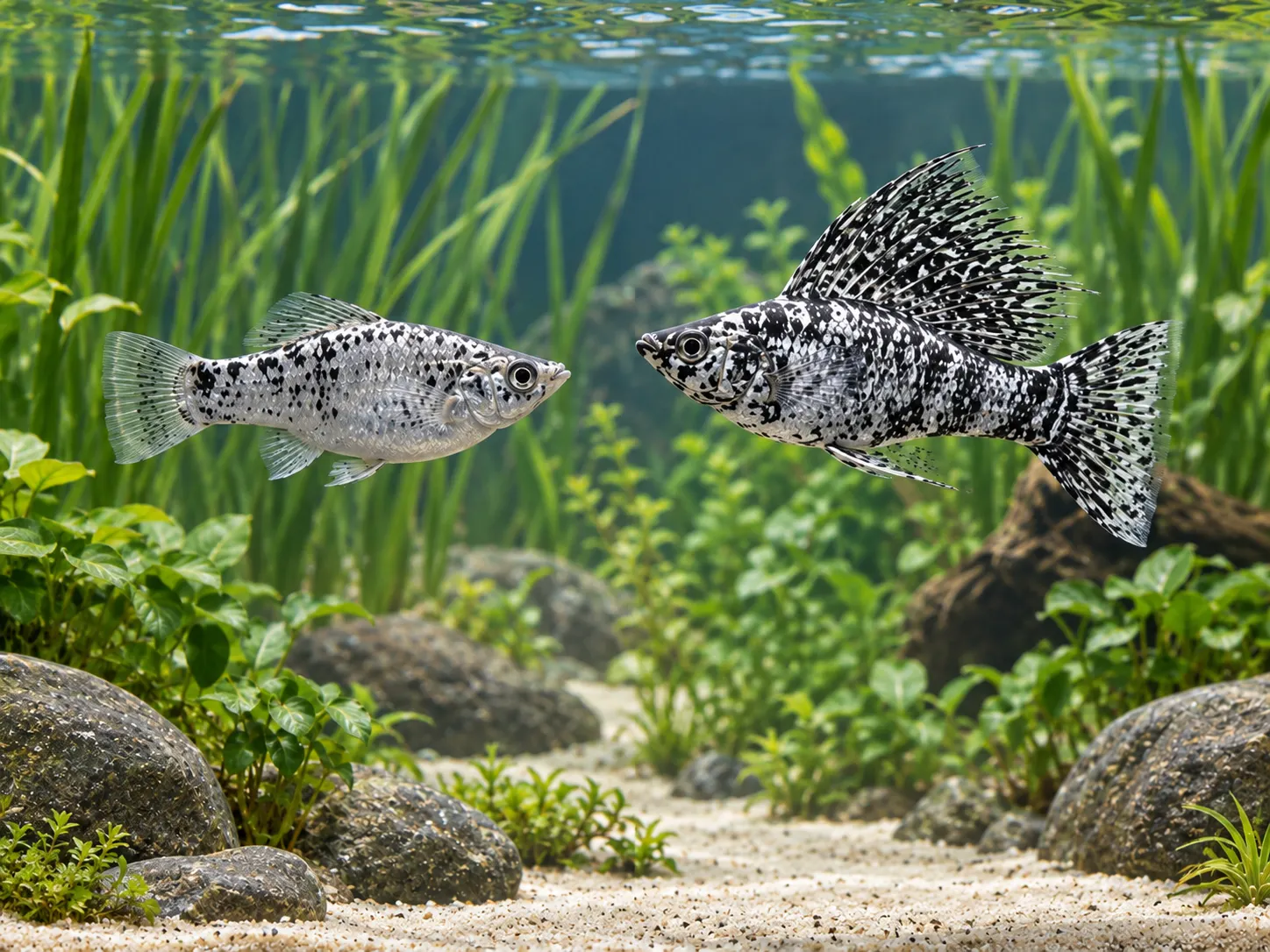 Short-fin and sailfin domestic mollies together, showing different body depths, dorsal-fin sizes, and colour strains