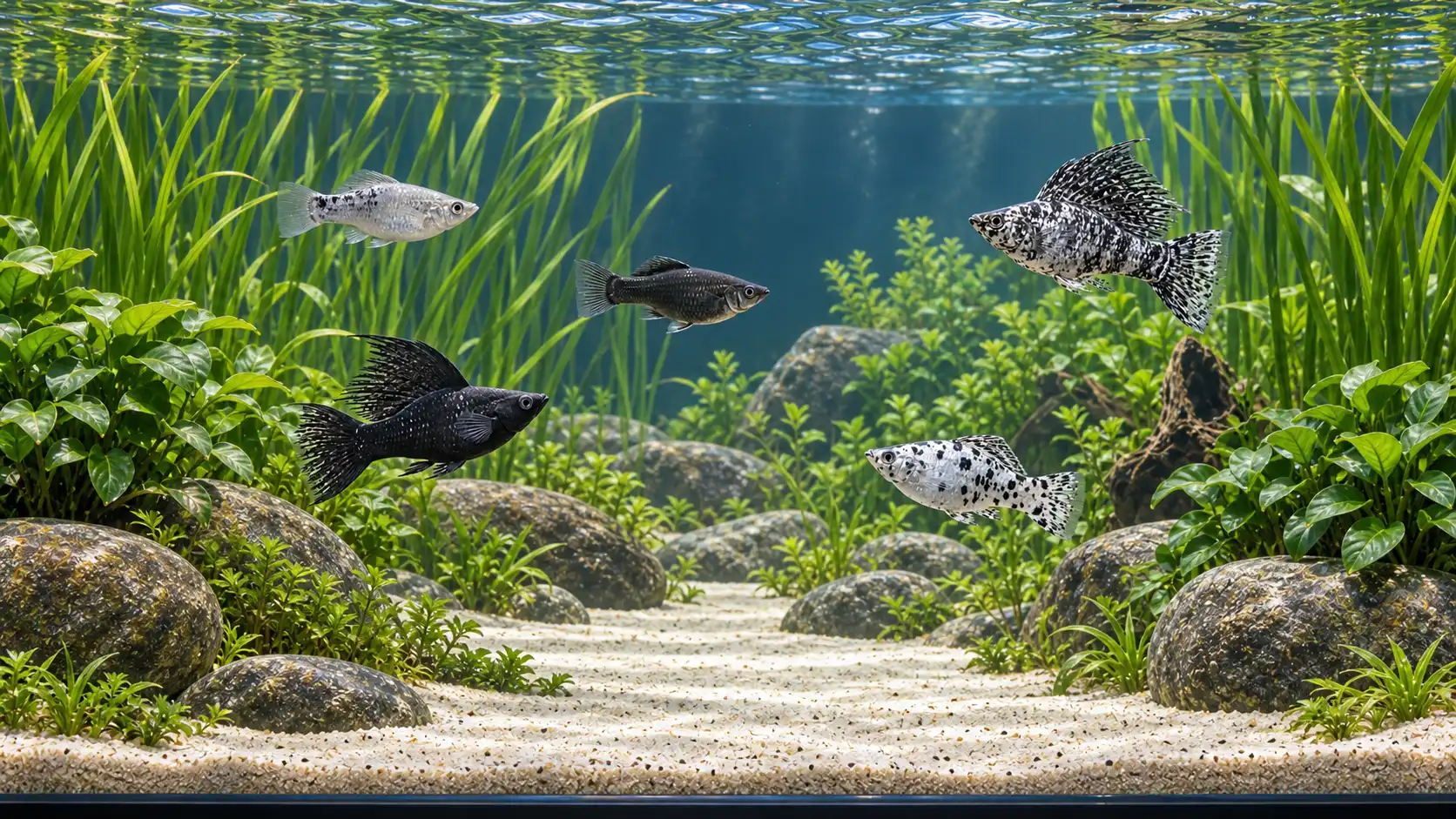 Wide lagoon-style molly aquarium with open swimming foreground, tall side plants, rounded stones, wood, and visible surface movement