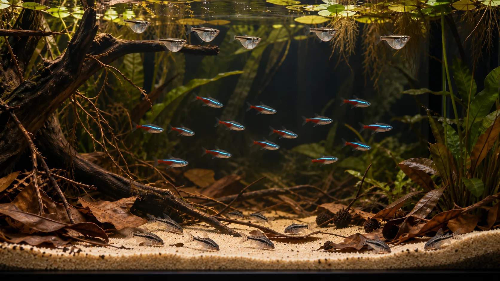 Neon tetras in shaded middle water above pygmy corydoras on sand and beside calm hatchetfish near the surface
