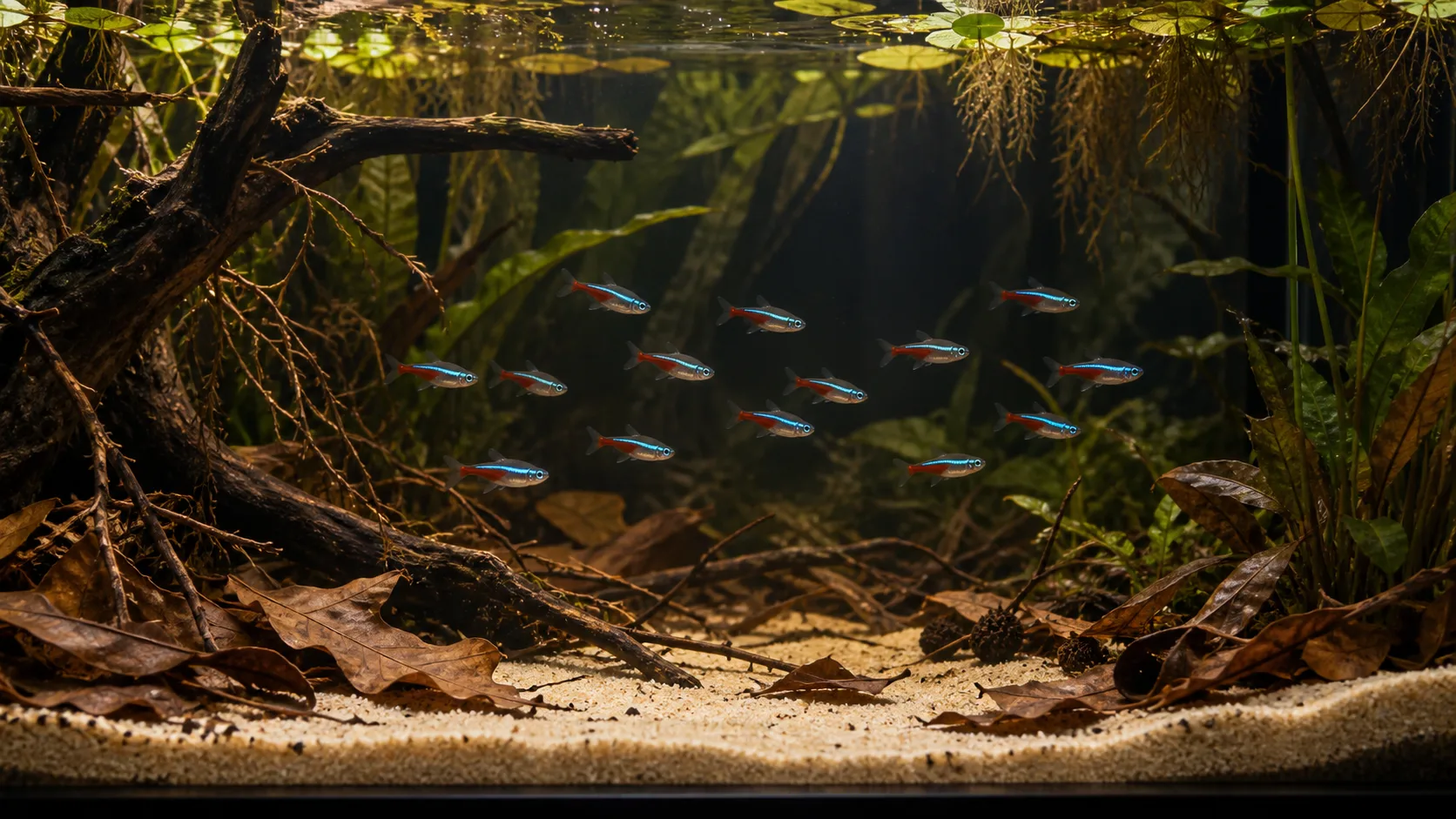 School of neon tetras moving through shaded open water in a planted blackwater-style aquarium