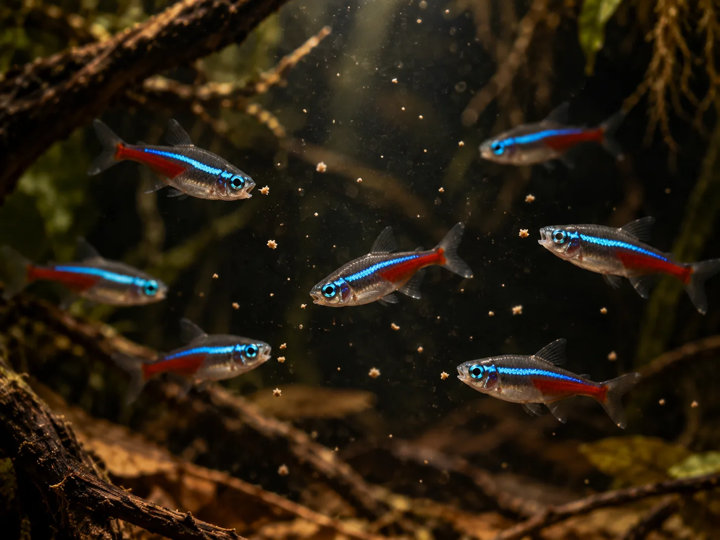Neon tetras taking tiny suspended food particles in shaded middle water