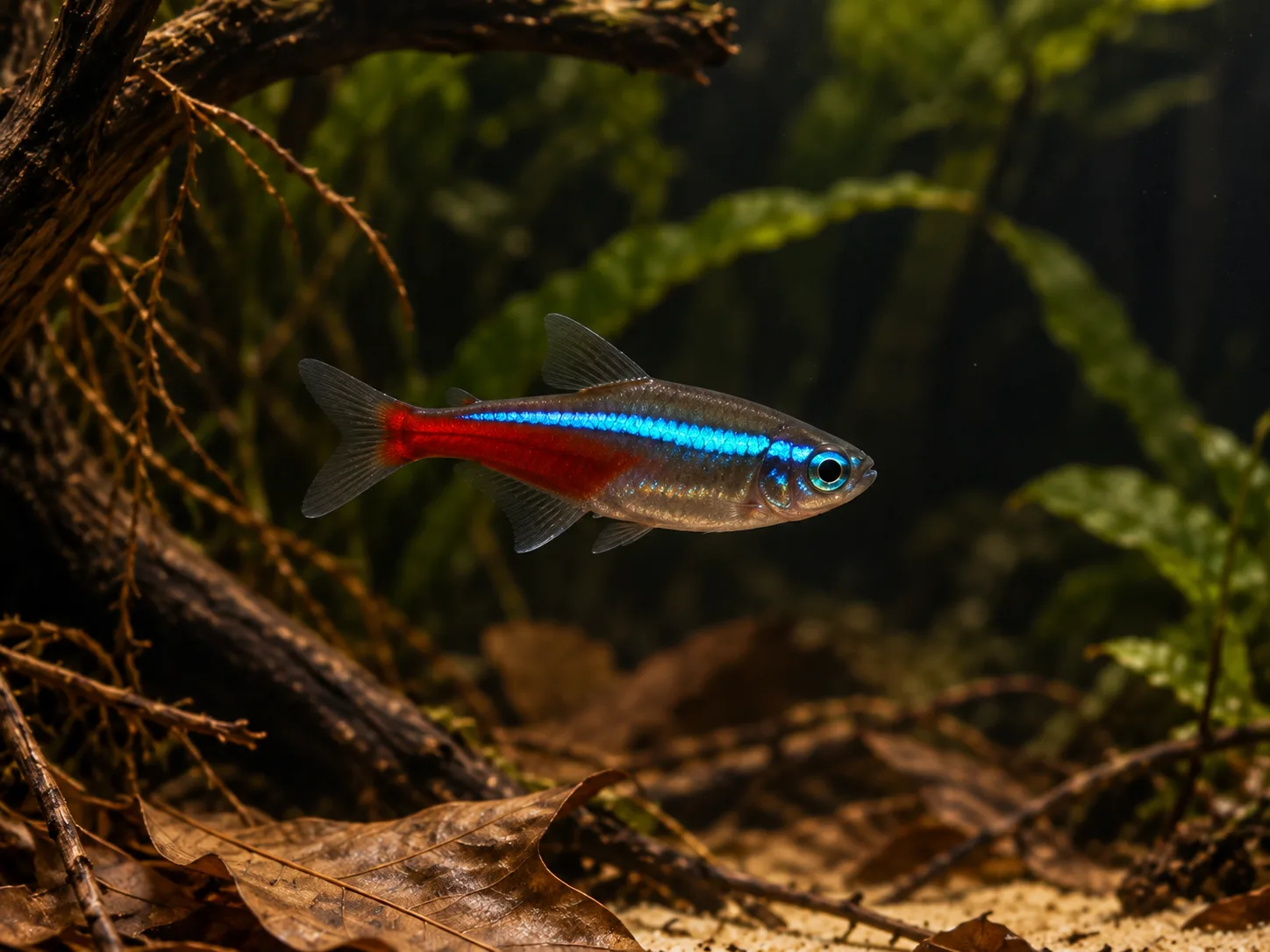Adult neon tetra in side view showing a blue-green lateral stripe and red colour restricted to the rear half of the body