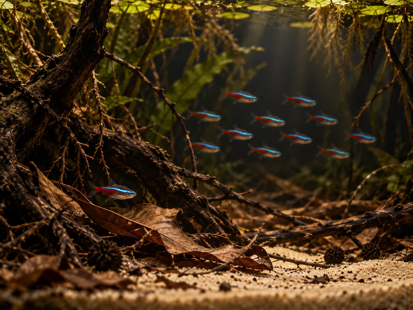 A cohesive neon tetra school in open midwater with one pale fish separated near shaded cover