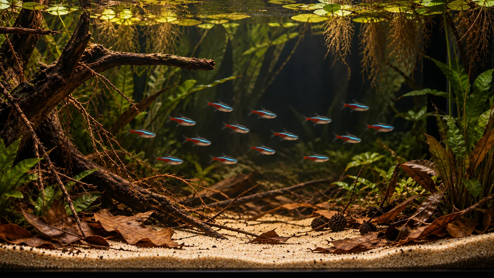 Brazilian stream-inspired neon tetra aquarium with fine branches, leaf litter, floating shade, dark rear plants, and open midwater