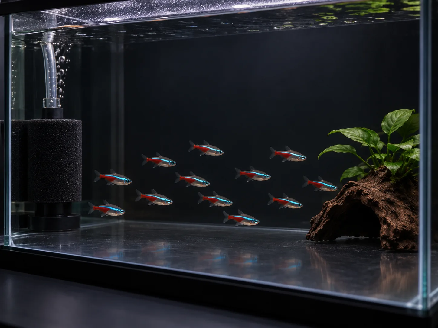 A small school of neon tetras in a quiet covered observation aquarium with subdued light, plants, and a sponge filter